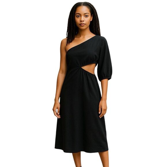 Crescent Black One Shoulder Cut Out Midi Dress - Picture 1 of 7